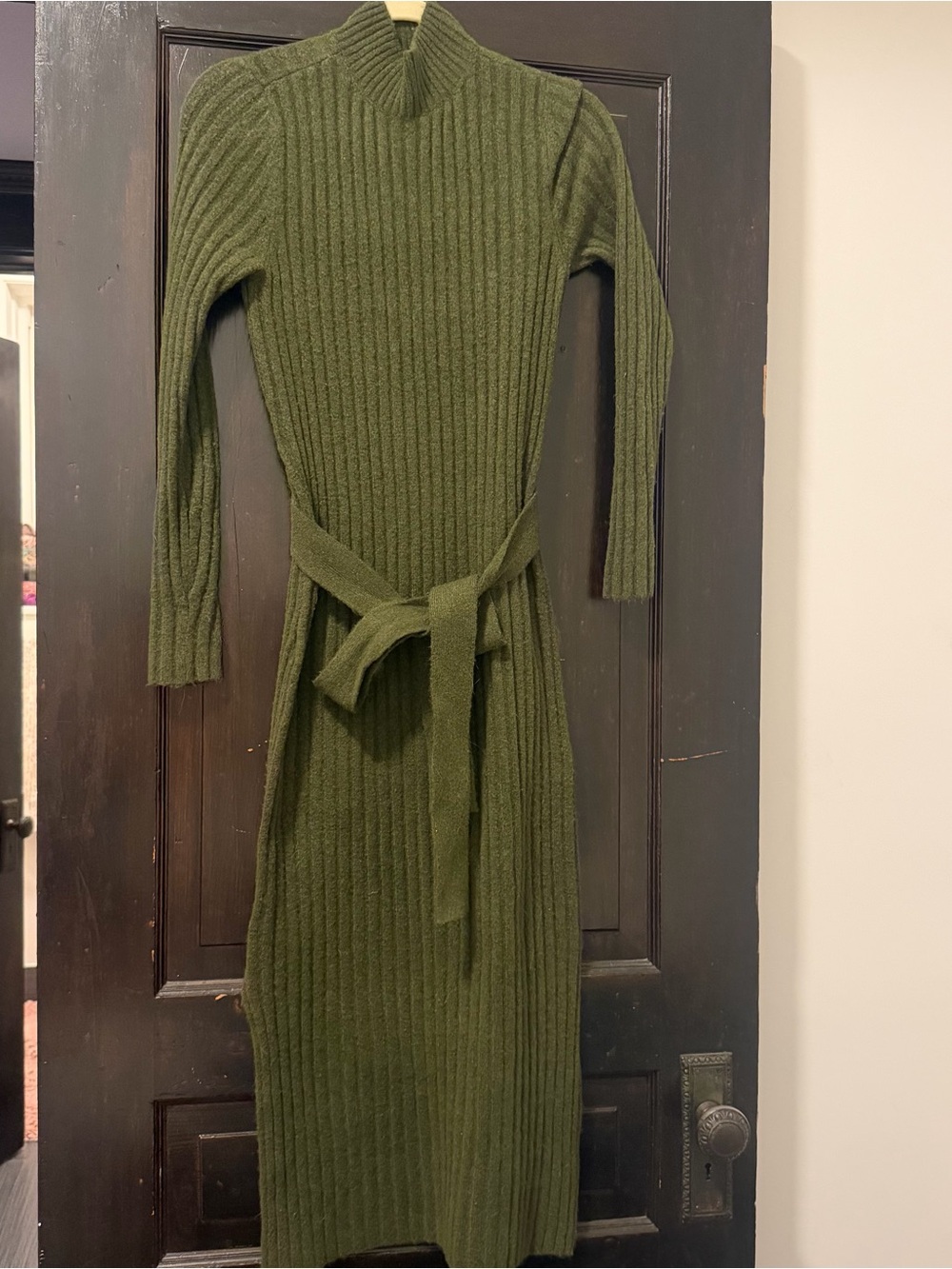 LOFT Olive Ribbed Knit Belted Midi Dress